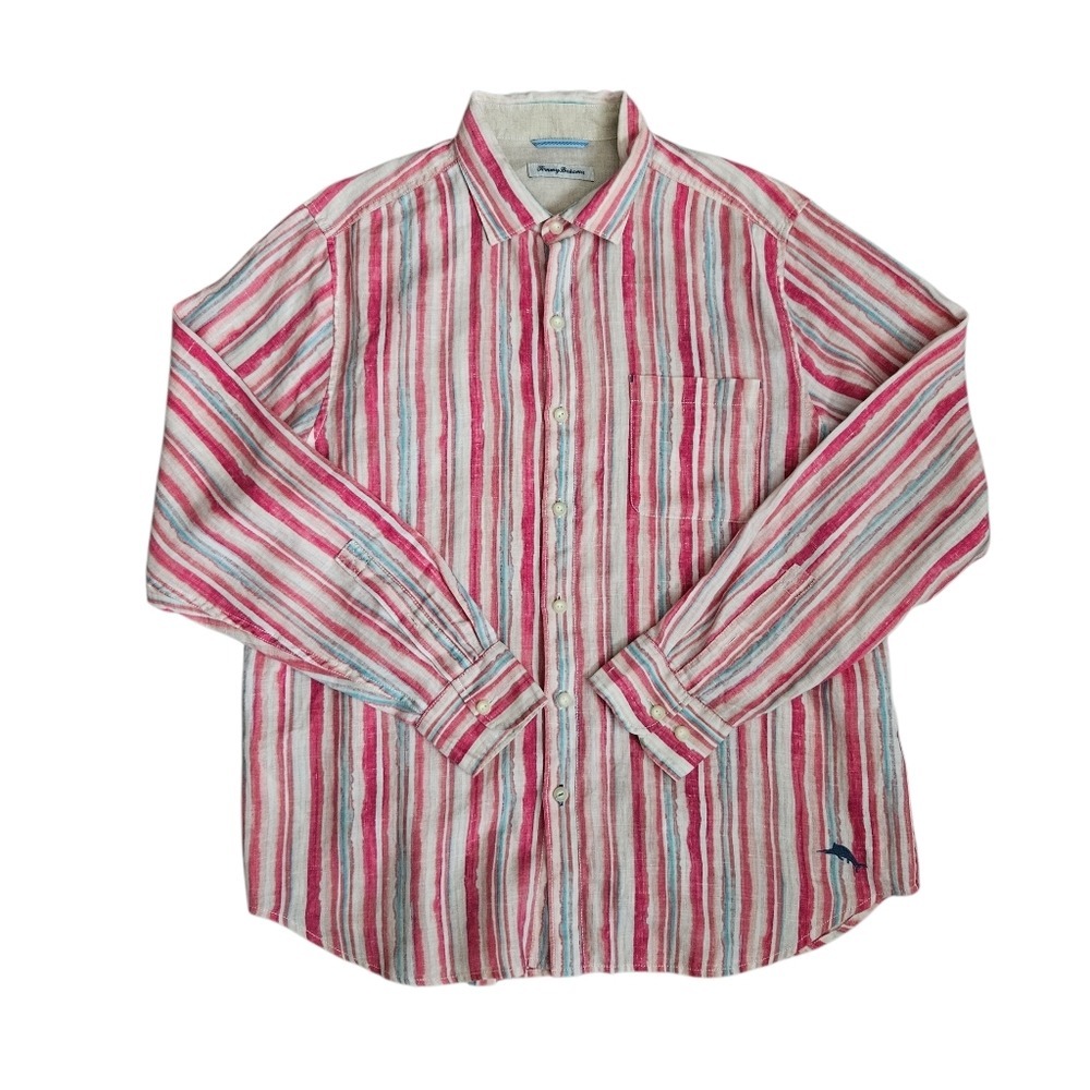 Tommy Bahama Sand Linen Sicily Stripe Shirt Large Vacation Vibes Resortwear